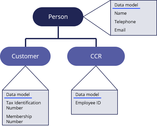 Person parent data object, customer and call center representative child data types