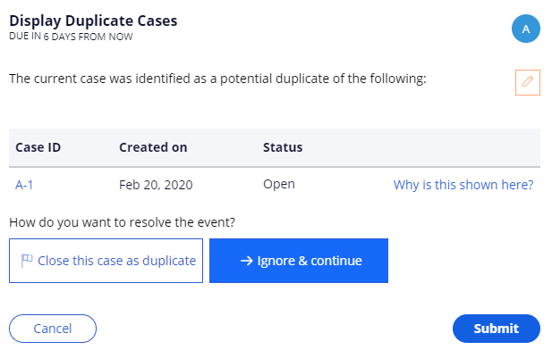 Display duplicate cases view