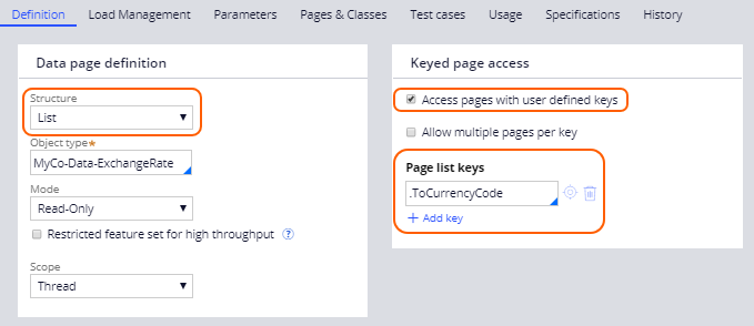 Keyed data page definition