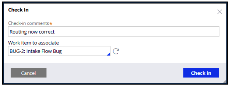Check In dialog box for a bug work item.