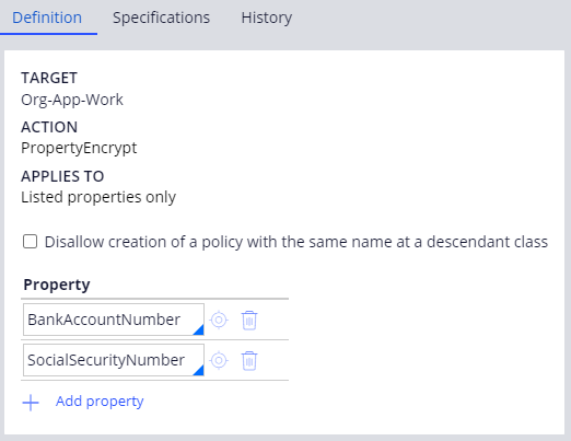 Property encryption on PropertyEncrypt Access Control Policy