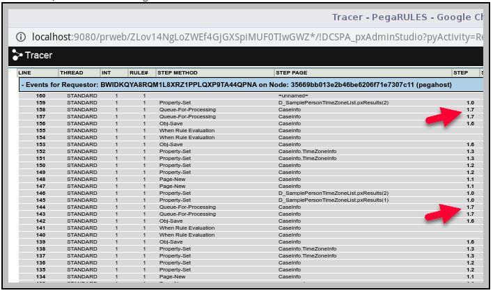 tracer step queue for processing