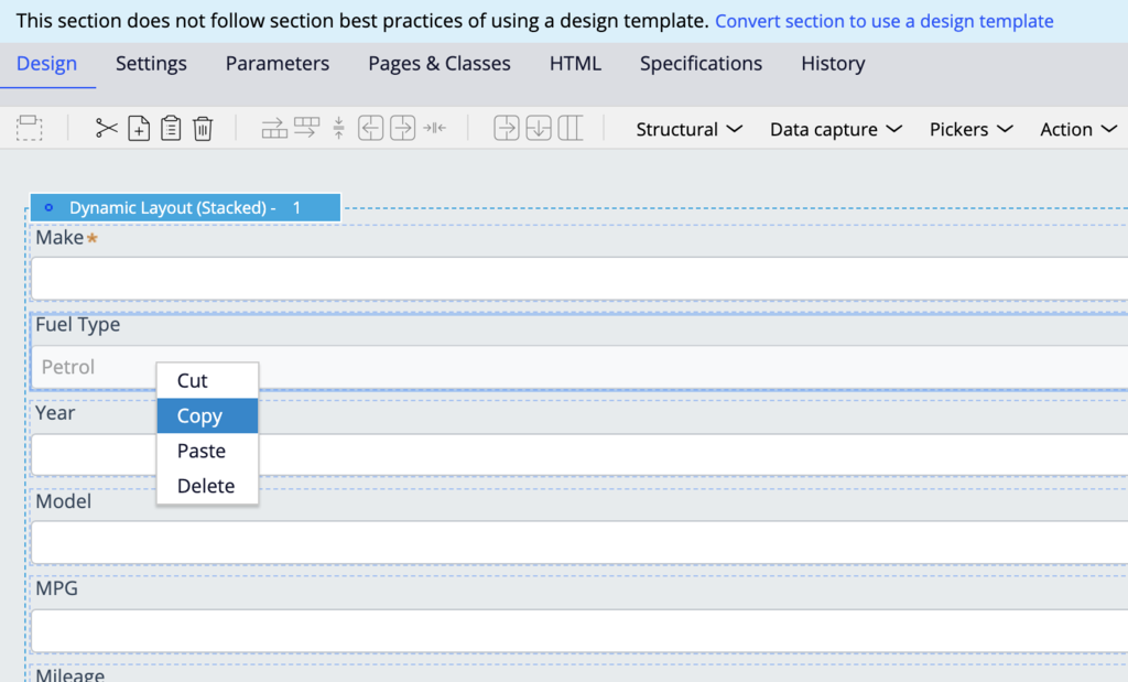 copy an element in the full section editor