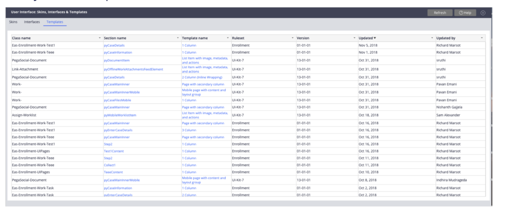 list of sections using design templates