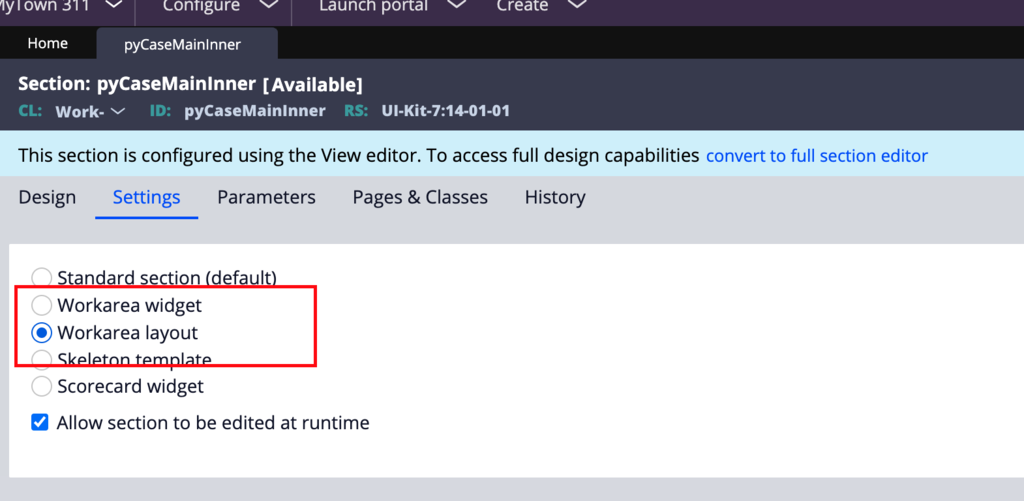 Setting a section as workarea layout