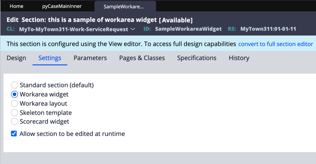 Creating a new workarea widget section