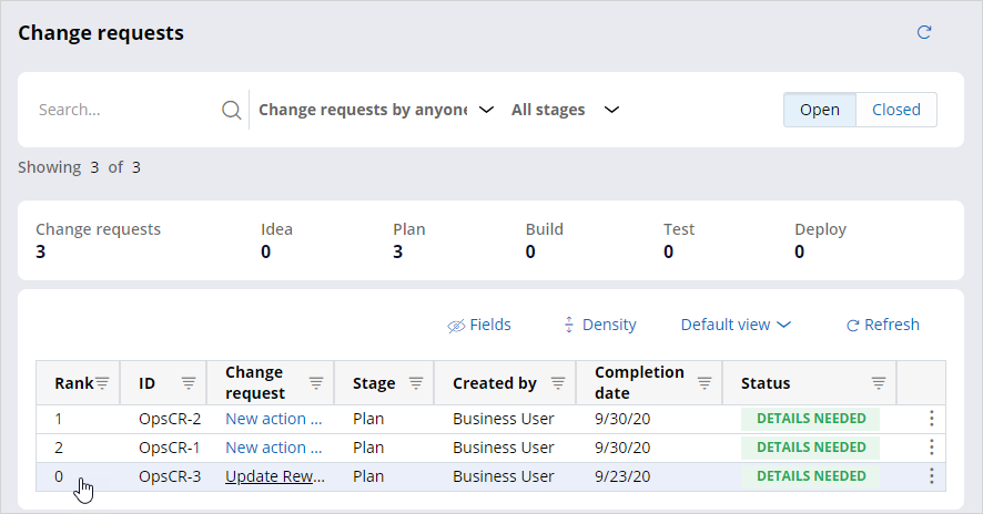 Click on change request row