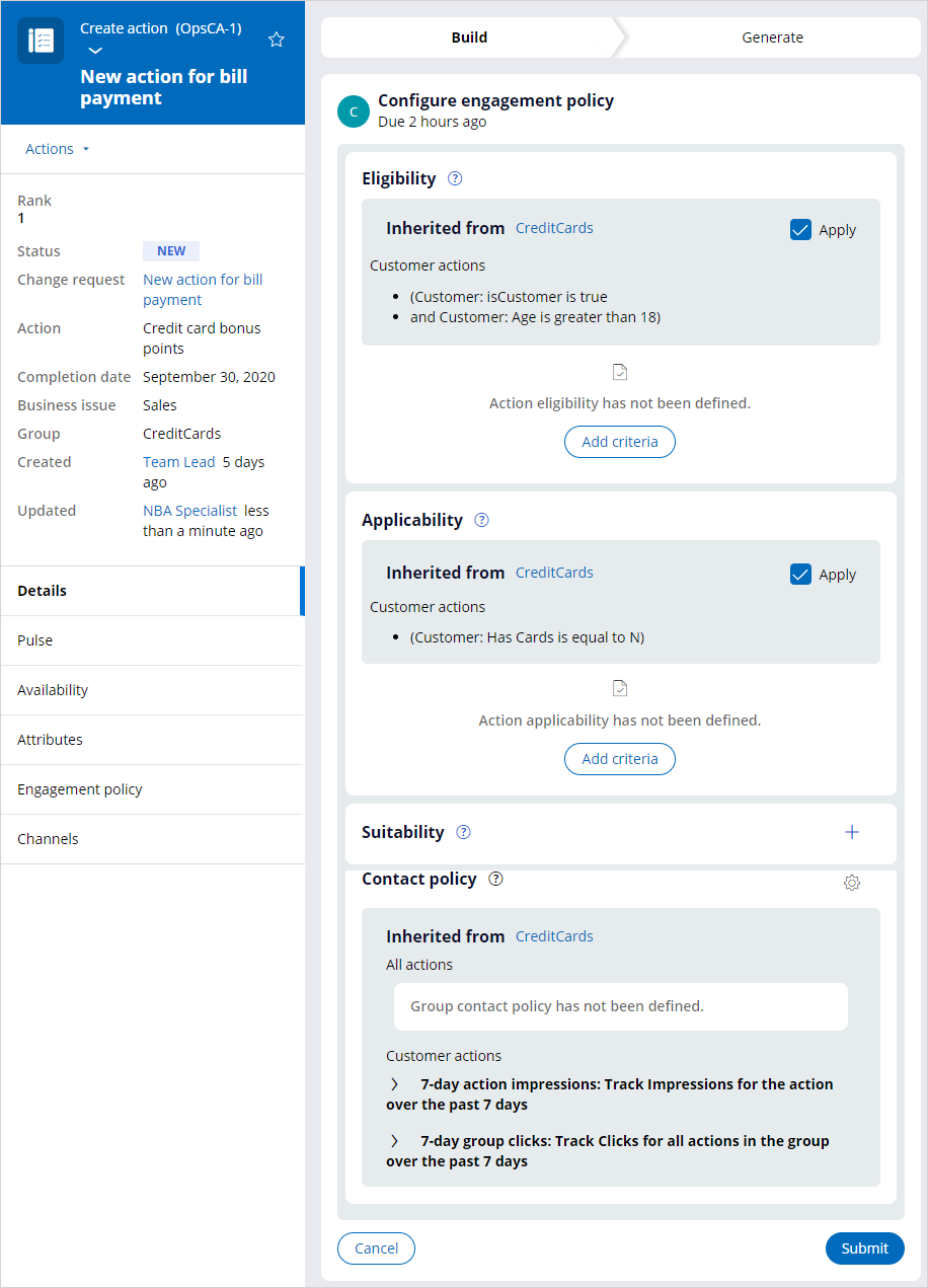 Configure engagement policy build task