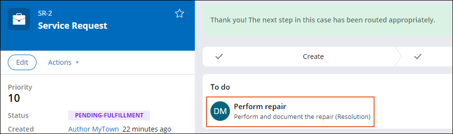 A service request case currently on the Perform repair step, assigned to the Department of Public Works (DPW) Manager.