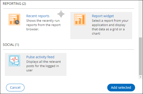 The Pulse activity feed and Report widgets selected for inclusion on the dashboard.