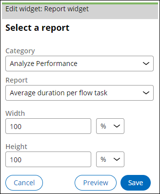 Editing the Report widget to display the Average duration per flow task report.