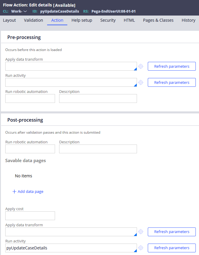 Pre-processing and post-processing actions for a flow action rule.