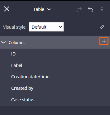 Add columns icon in the table properties pane