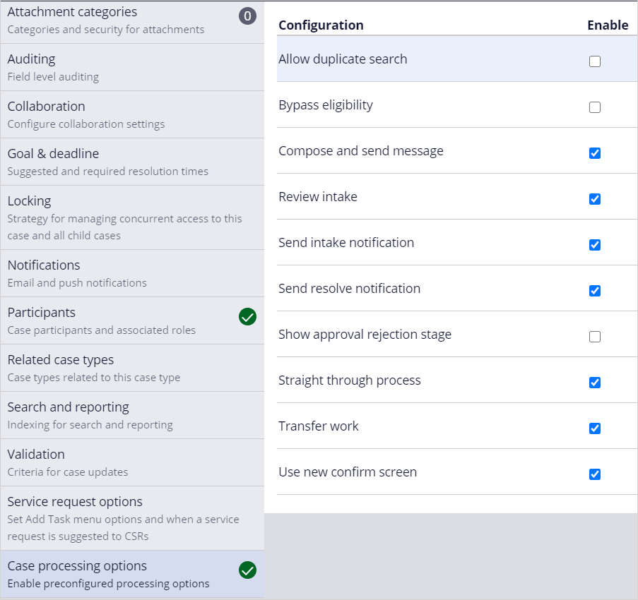 This contains the different configuration settings for the service case template