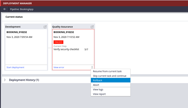 The Rollback option for a pipeline in Deployment Manager.