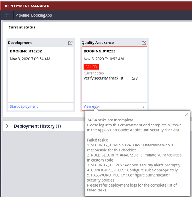 The Verify security checklist task in the DevOps pipeline.