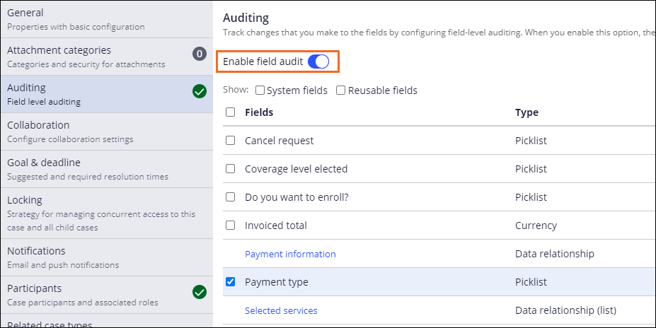 The Auditing tab of the Assistance Request case type, with field-level auditing enabled.