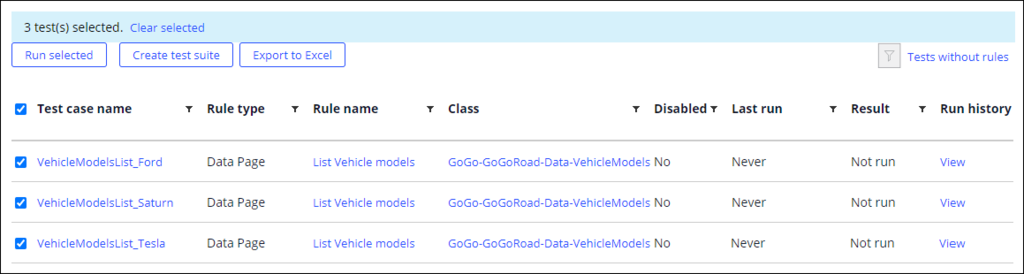 The Unit testing landing page, with three test cases selected to run.