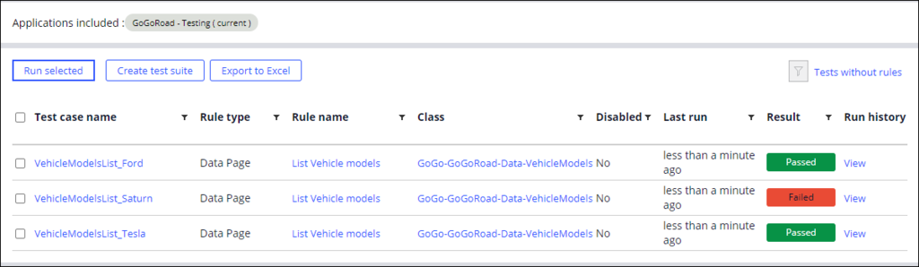 The results from running the three test cases. The Saturn test case failed, while the Ford and Tesla test cases passed.