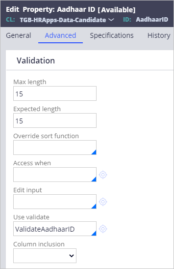 The Advanced tab of the Aadhaar ID property, configured to call the edit validate rule ValidateAadhaarID.