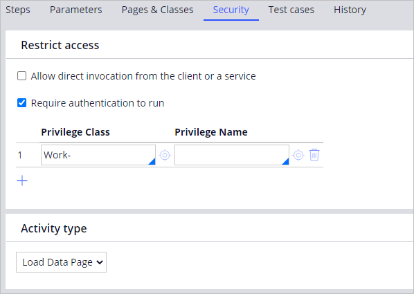 The Security tab of an activity rule.