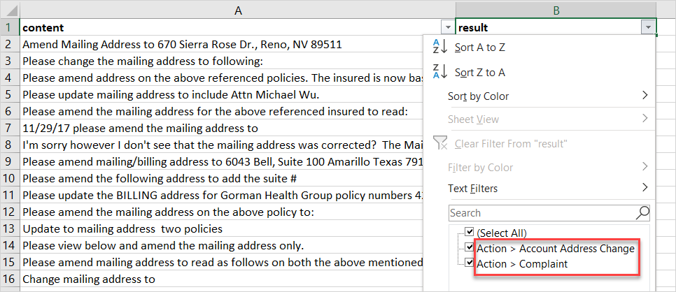 CSV file content