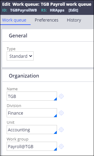 New payroll work queue filled in with details listed in the step 3 table