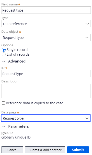 Request type field with Request type data page selected