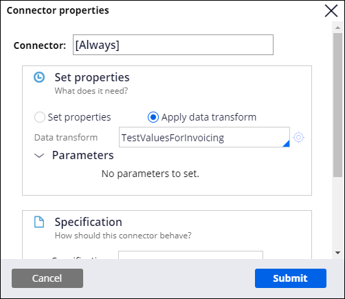 Connector properties with test values for invoicing data transform applied