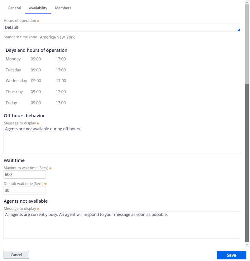 chat queue settings, Availability tab