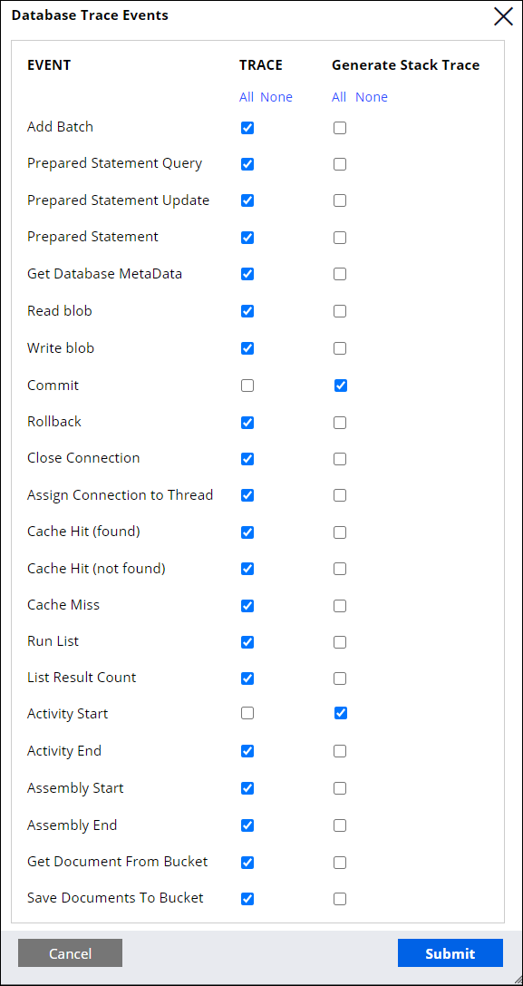 Database Trace options