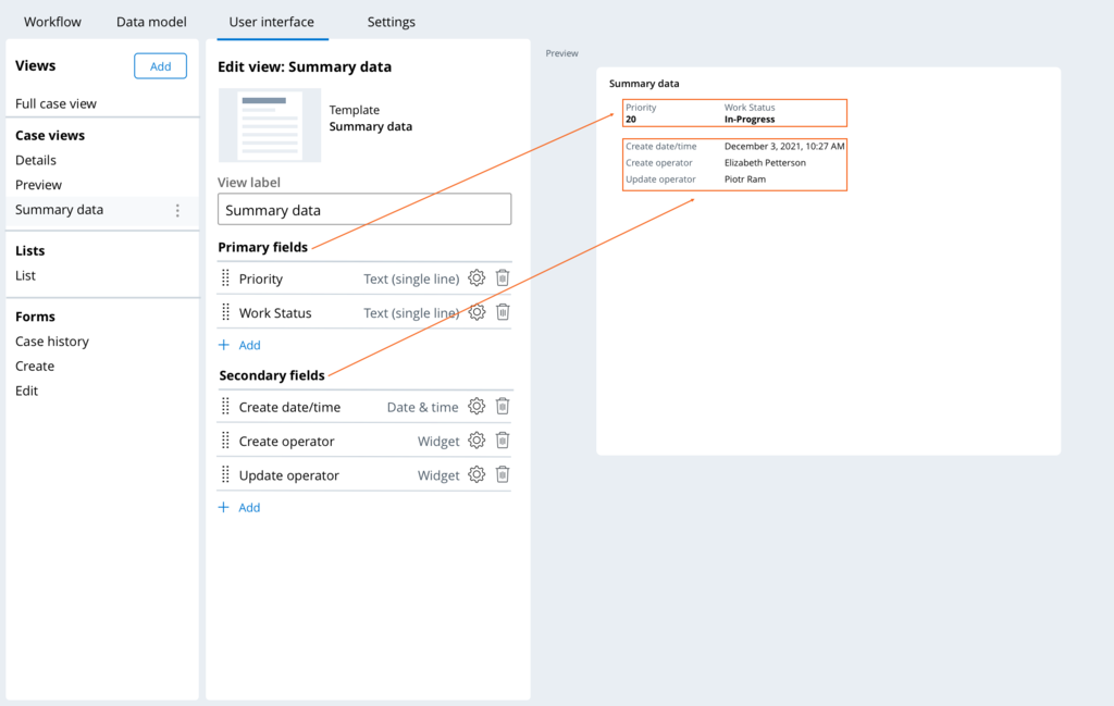 Summary data view with primary and secondary fields