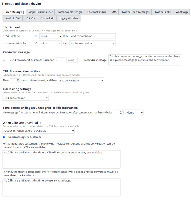 Timeout and close behavior settings