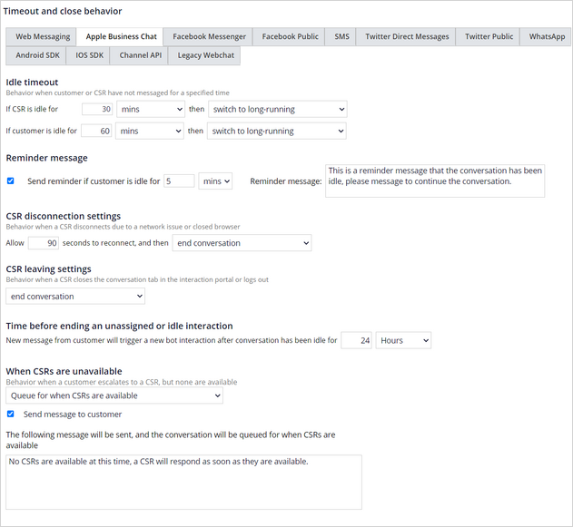 Apple Business Chat and SMS channels