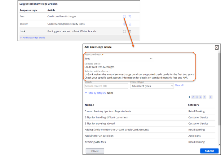 response topic and knowledge article dialog boxes