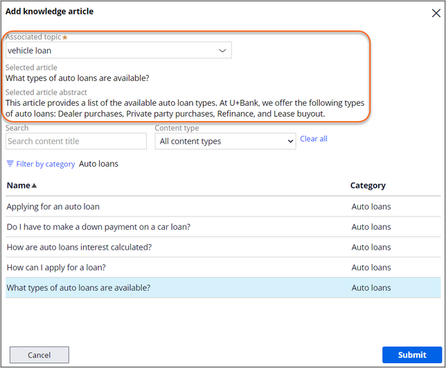 knowledge article configuration for vehicle loan