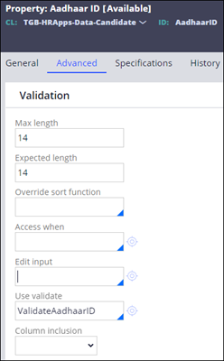 The Aadhaar ID property showing max length and expected values of 14.