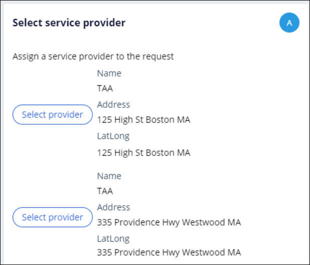 The Select provider list showing Name, Address, and LatLong field values.