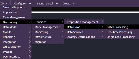 The DEV Studio menu to go to the batch processing page