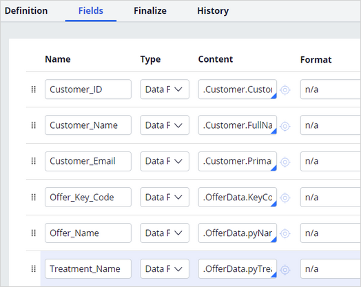 configuration of fields in an output template