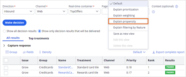 Select explain propensity option in CPV