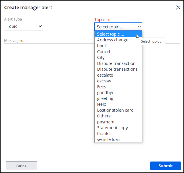 Create manager alert dialog showing the list of available topics