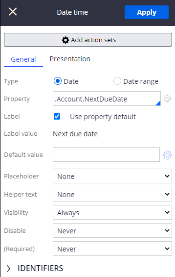 This image represents the completed configuration of the Date time control.