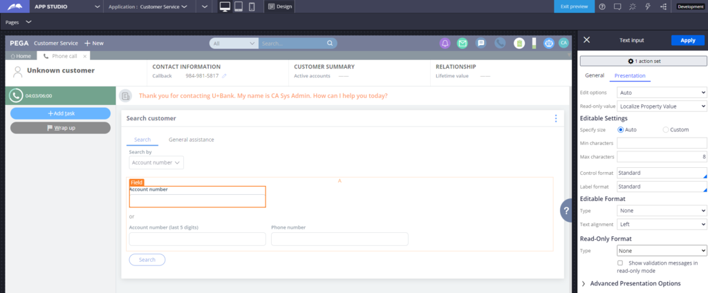 This image shows the  completed configuration for a maximum of 8 characters in the account number field.  