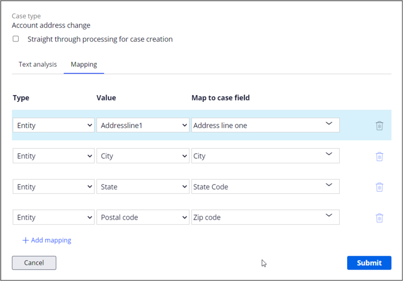 Address change case, mapping entities to properties