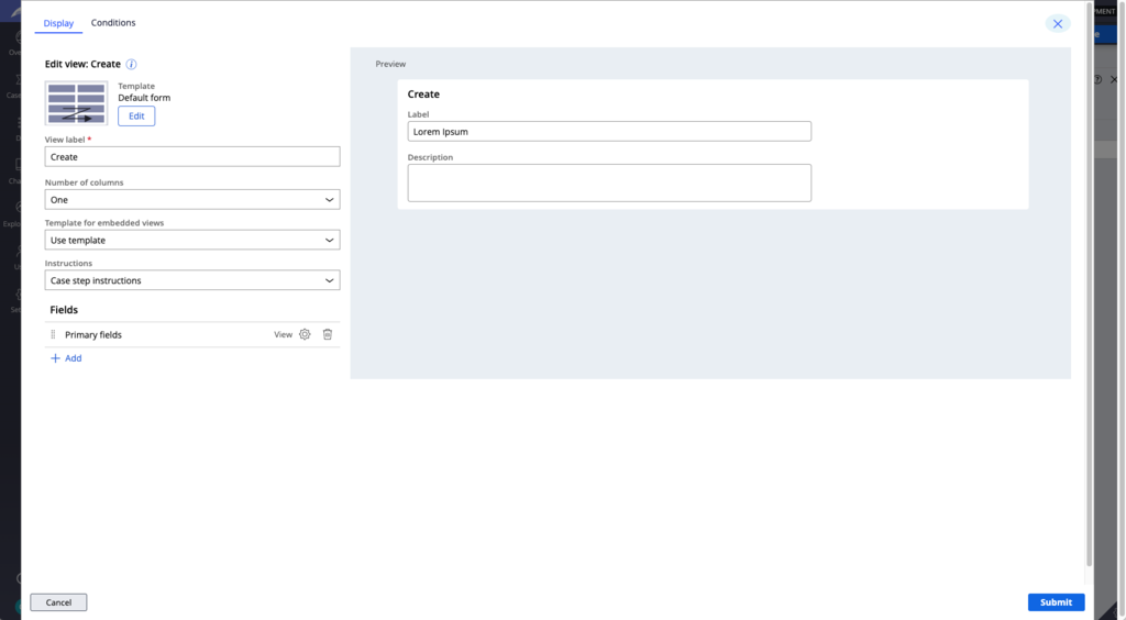 Configuring forms in the display tab