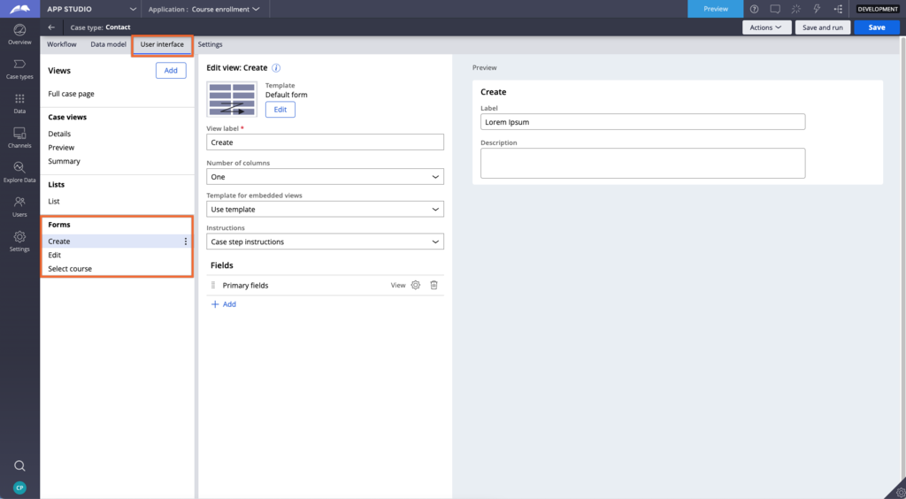 Configuring forms in the user interface tab