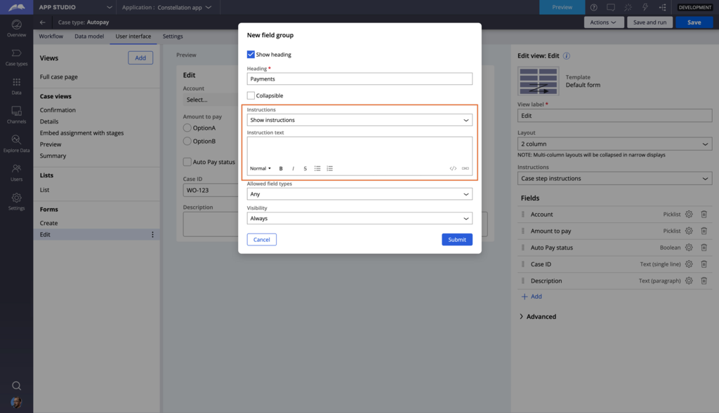 Configuring field group instructions