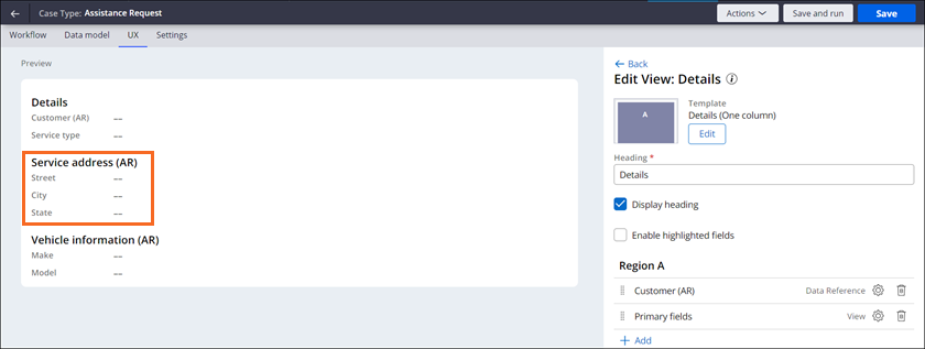 Highlighting the Service address Primary fields in the Assistance Request Details View