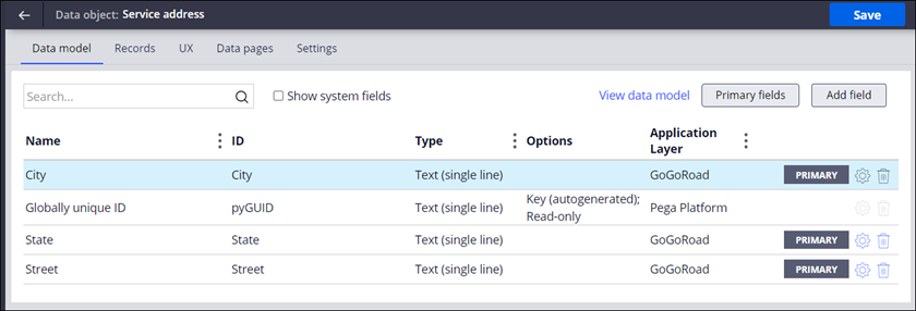 The Service address Data Object with City, State, and Street fields designated as Primary